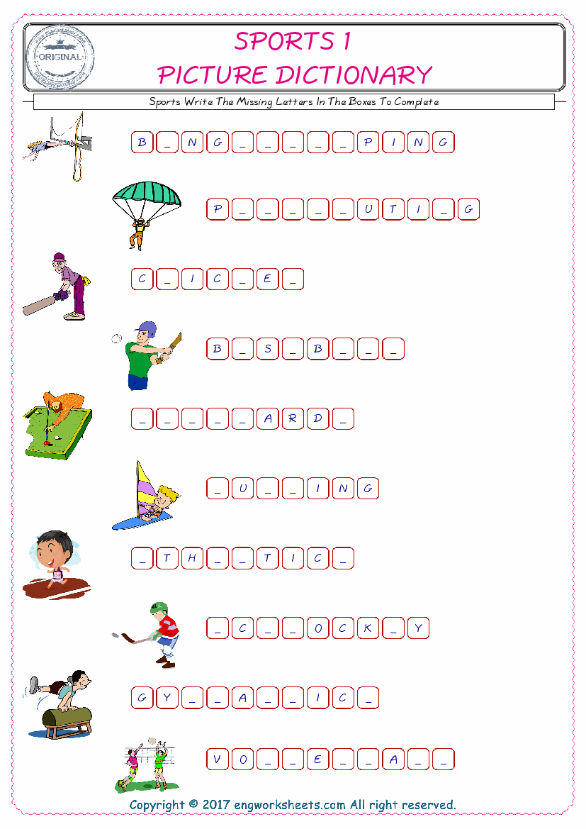  Type in the blank and learn the missing letters in the Sports words given for kids English worksheet. 